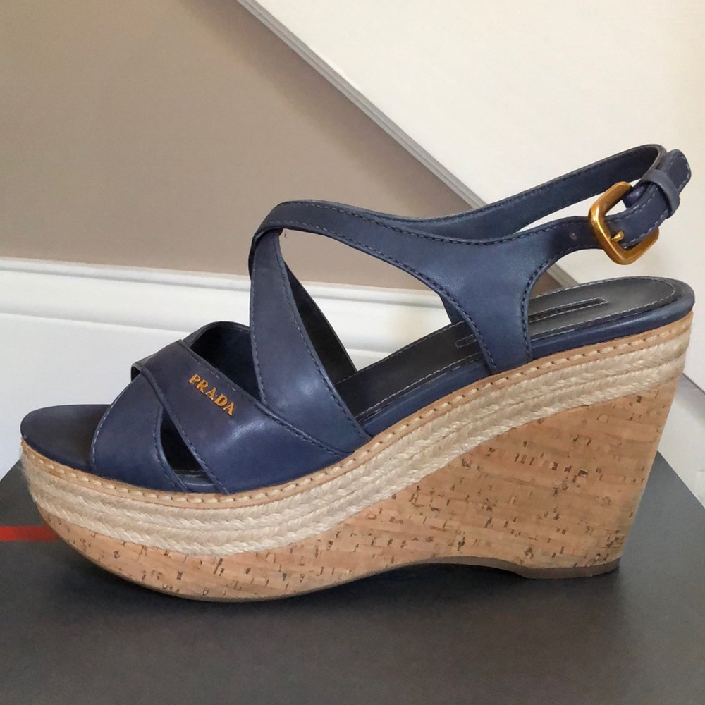 Prada Espadrilles Wedge, 37 1/2, Blue Leather